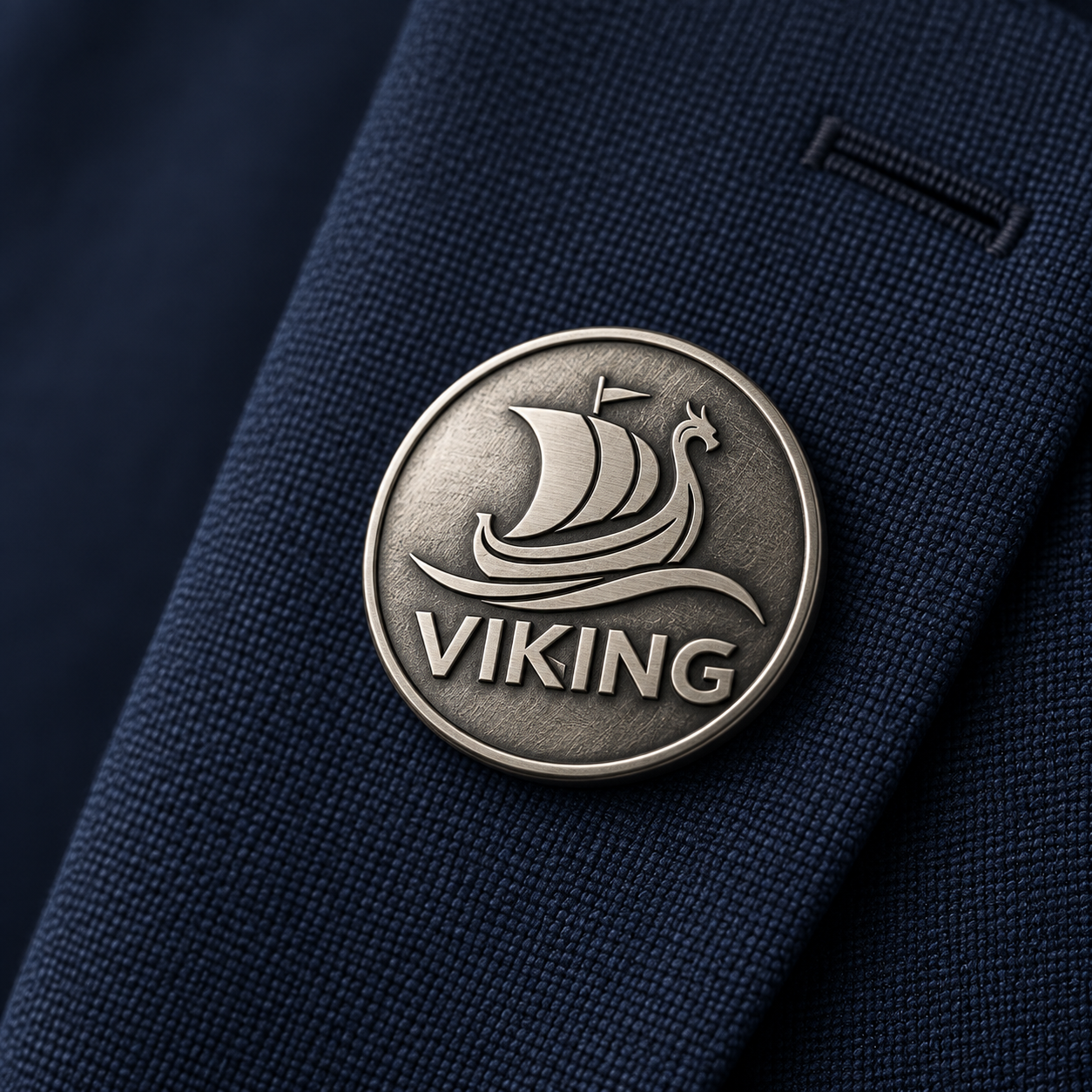 Pin Viking em prata envelhecida com o drakkar e a palavra Viking